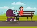 Motherhood. Young mother sitting on a bench with a pram in the p