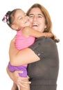 Motherhugging her small multiracial daughter and laughing