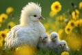 Motherly Love: A Silkie Hen Sheltering and Nurturing Her Fluffy Chicks in a Vibrant Springtime Scene