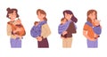 Mothers carrying kids in baby sling. Moms and newborn babies, cute toddlers sleeping in sling vector illustration. Cartoon loving Royalty Free Stock Photo