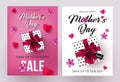 Mothers Day sale banners and flyers design set with beautiful gift box, paper hearts and flowers Royalty Free Stock Photo