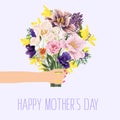 Happy Mothers Day. Card template with many kind spring flowers bouquet. Royalty Free Stock Photo