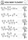 Mothers day black and white matching game with flowers. Holiday math line activity for preschool children with bouquet.