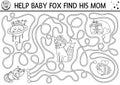 Mothers day black and white maze for children. Holiday preschool printable activity. Funny family love game with cute animals.