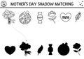 Mothers day black and white shadow matching activity for children with presents. Fun spring line coloring page. Family love game