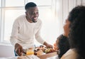 Mothers day, breakfast and family in bed with happy dad, mom and child together in home with love, care and brunch tray Royalty Free Stock Photo