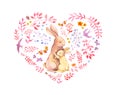 Mothers day card with heart - mother rabbit hugging her kid. Flowers, birds, butterflies. Watercolor Royalty Free Stock Photo