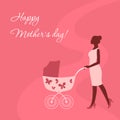 Mothers day card with mother and stroller on pink background