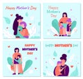 Mothers day cards set with mum hugging children, cartoon vector illustration.