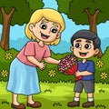 Mothers Day Child Giving Flowers Colored Cartoon