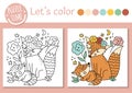 Mothers day coloring page for children with baby fox and mother. Vector outline illustration showing family love. Adorable spring