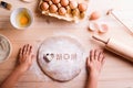 Mothers day composition. Baking cookies. Wooden background