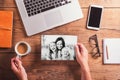 Mothers day composition. Black-and-white photo. Office desk. Woo