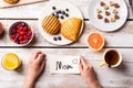 Mothers day composition. Little note and breakfast meal. Royalty Free Stock Photo