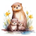 Mothers day concept, greeting card. Watercolor cute animals. Mommy otter with baby. Generative AI Royalty Free Stock Photo