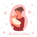 Mothers day concept, young happy mom holding child infant in hands with love and hugging