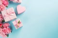 Mothers day decorations concept top view photo of presents hearts and flowers, AI generated