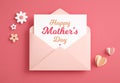 Mothers Day elegant postcard with lettering inside an open envelope, hearts and flowers in paper cut style. Flat lay view Royalty Free Stock Photo