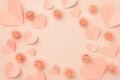 Mothers day floral border composition. Love Day background with coral or pink flowers rose shape heart flat lay. Top view Royalty Free Stock Photo