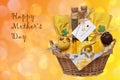 Mothers day greeting card. Closeup of a gift basket with Mediterranean spice mixes with a Best Mom tag, chocolate and other