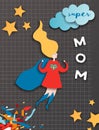 Mothers Day Greeting Card in Comics Paper Cut Style. Super Mom Character in Red Cape Paper Cut Design for Mother Day Banner