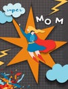 Mothers Day Greeting Card in Comics Paper Cut Style. Super Mom Character in Red Cape Paper Cut Design for Mother Day Banner