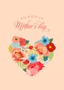 Mothers Day Greeting Card with Flowers Bouquet. Happy Mother Day Floral Banner with Heart. Best Mom Poster, Flyer Spring