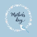 Mothers day greeting card, invitation. Handwritten brush script, lettering. Calligraphic design. White floral wreath