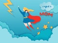 Mothers Day Greeting Card in Paper Cut Style. Super Mom Character in Red Cape Design for Mother Day Banner, Poster