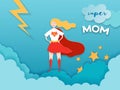 Mothers Day Greeting Card in Paper Cut Style. Super Mom Character in Red Cape Design for Mother Day Banner, Poster