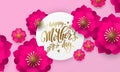 Mothers Day greeting card of red flower pattern and gold text on floral pink and red background for Mother Day holiday