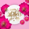 Mothers Day greeting card of red flowers pattern and gold text. Vector floral pink and red background for Mother Day holiday desig Royalty Free Stock Photo