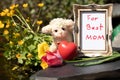 Mothers day greeting card. Red heart, a cute little sheep and a Royalty Free Stock Photo