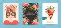 Mothers Day Greeting Card Set. Spring Happy Mother Day Holiday Banner with Flowers and Mom Character with Bouquet for Flyer Poster