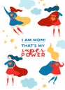 Mothers Day Greeting Card with Super Mom. Superhero Mother Character in Red Cape Design for Mother Day Poster, Banner