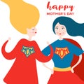 Mothers Day Greeting Card with Super Mom. Superhero Mother Character in Red Cape Design for Mother Day Poster, Banner