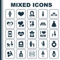 Mothers Day Icon Design Concept. Set Of 25 Such Elements As Fragrance, Relations And I Love Mom. Beautiful Symbols For