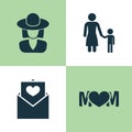Mothers Day Icon Design Concept. Set Of 4 Such Elements As Hat, Madame And Letter. Beautiful Symbols For Letter