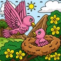 Mothers Day Mama and Baby Bird Colored Cartoon