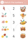 Mothers day matching game with cute boho animals and head decoration. Holiday math activity for preschool children with flowers.