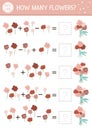 Mothers day matching game with flowers. Holiday math activity for preschool children with rose bouquets. Educational printable