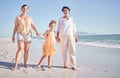 Mothers day, mom and child with grandmother at the beach in to celebrate women with children as a happy family, Three Royalty Free Stock Photo