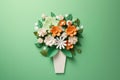 Mothers Day Postcard Layout Features Bouquet Of Flowers Made From Colored Cardboard Against The Green Background. Generative AI