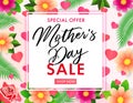 Mothers Day sale banner with flowers, hearts and palm leaves