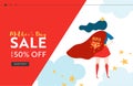 Mothers Day Sale Banner with Superhero Mother for Landing Page. Mother Day Promo Seasonal Discount Spring Design for Website