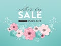 Mothers Day Sale Design. Spring Promo Discount Banner Template with Paper Cut Flowers for Flyer, Poster, Voucher