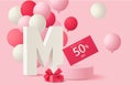 Mothers day sale design template. Pink stage with discount tag, gift box and pink balloon.