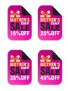 Mothers day sale, pink stickers set with box icon. Sale 15%, 25%, 35%, 45% off