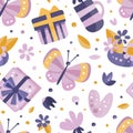 Mothers Day Seamless Pattern with Purple Floral Element, Butterfly and Gift Box Vector Template Royalty Free Stock Photo