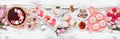 Mothers Day table scene with an assortment of desserts and sweets, top down on a white wood banner Royalty Free Stock Photo
